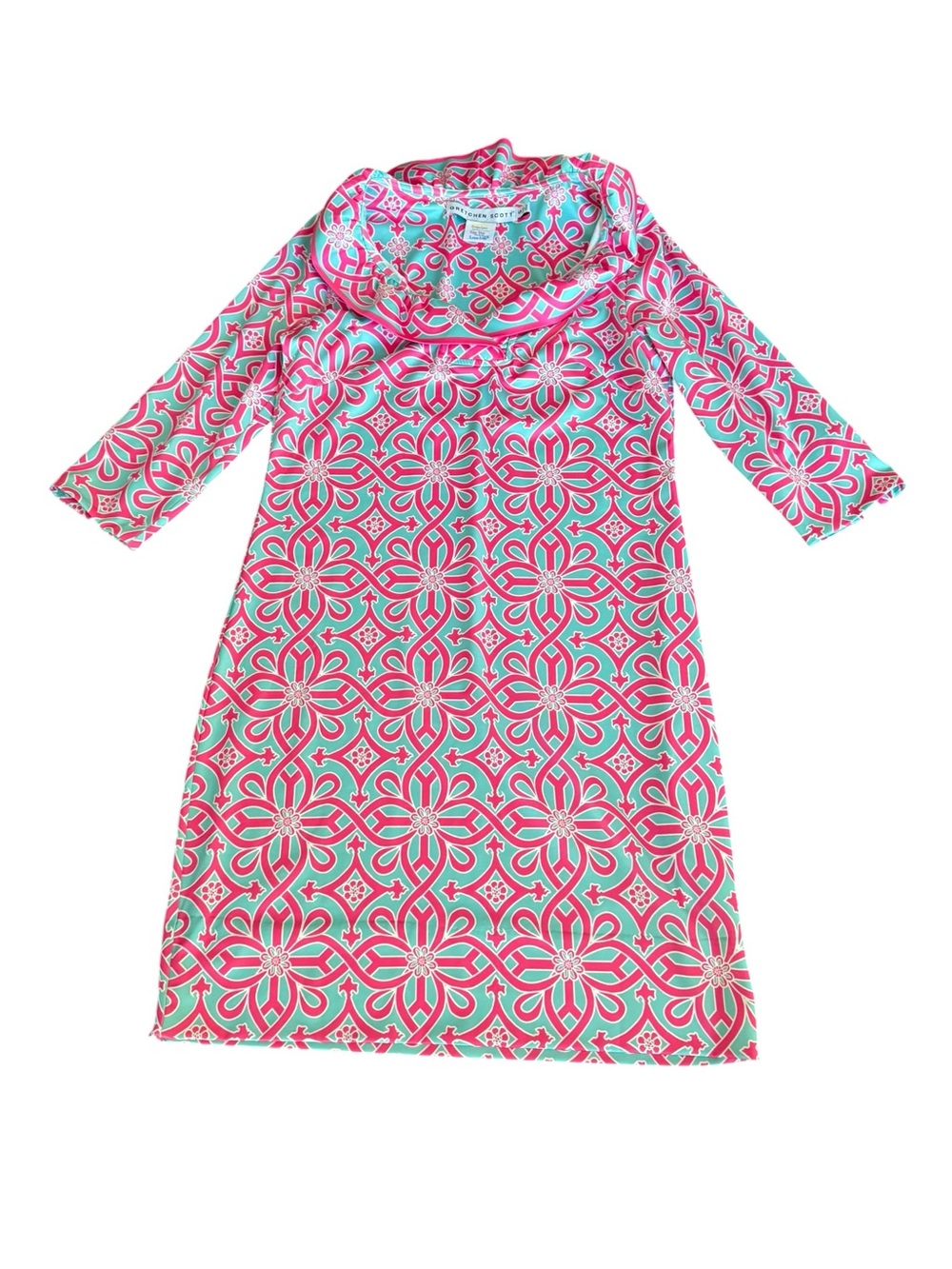 Gretchen Scott Ruff Neck 3/4 Sleeve Sheath Dress Pink Turquoise Print Sz Small - Picture 4 of 12